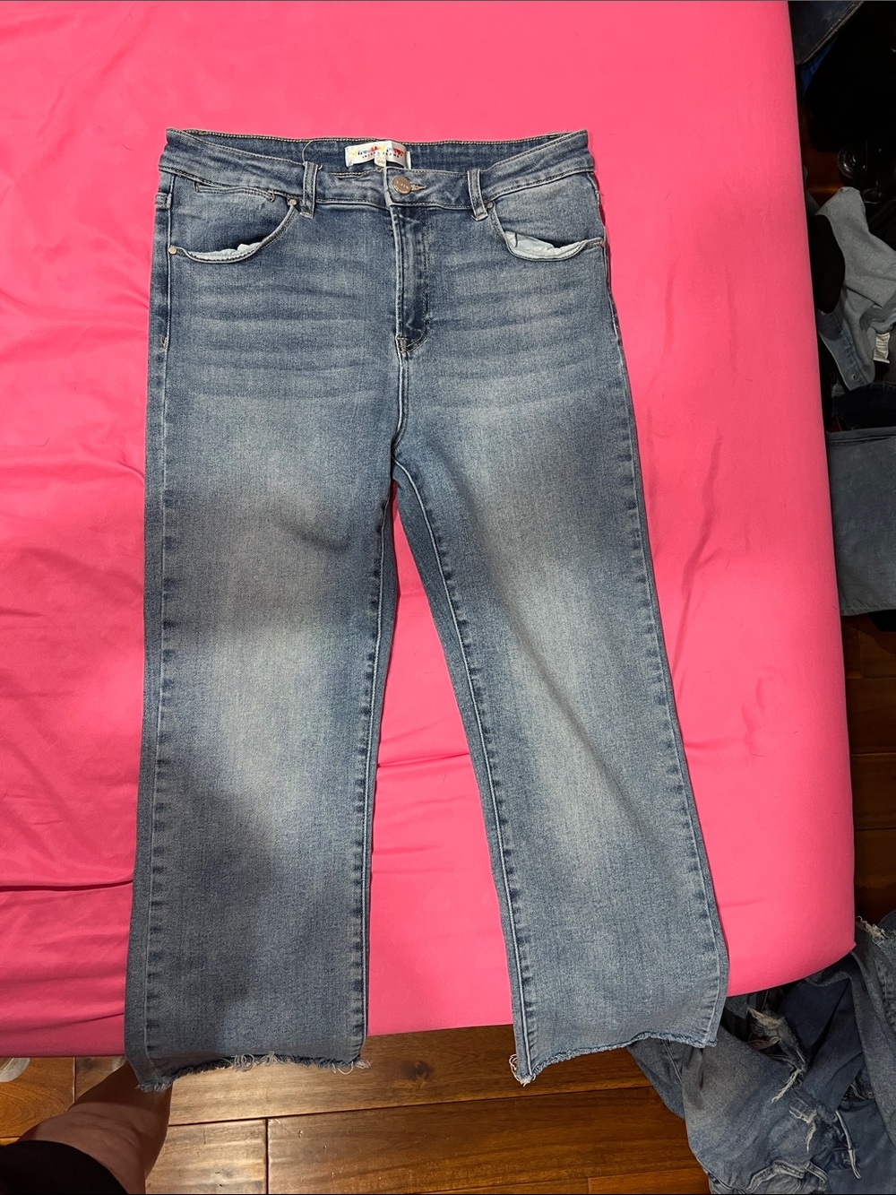 Like New Light Wash Straight-Leg Jeans with Frayed Hem from Risen Los Angeles.